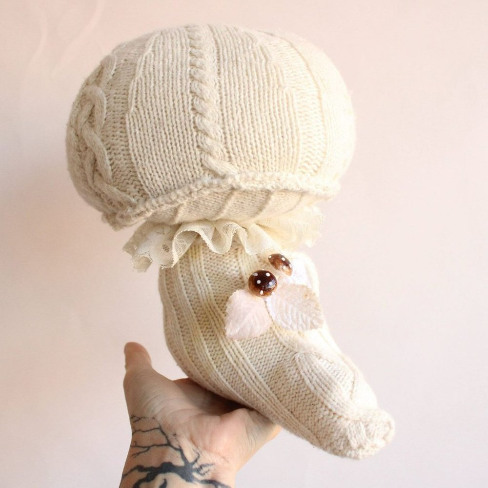 Knit Sweater Toadstool with Vintage Lace and Toadstools, Upcycled, Cottage - Picture 7 of 10